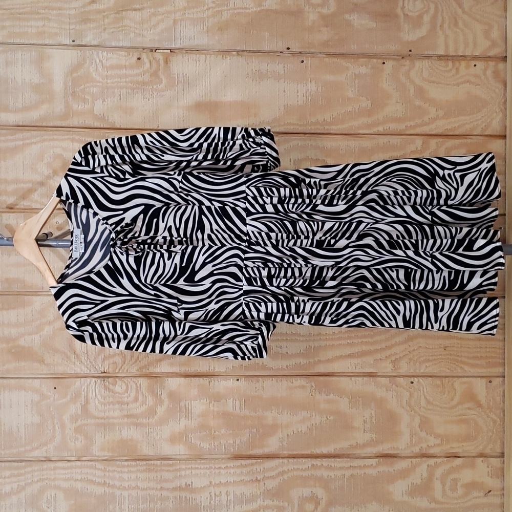 Kay Unger Black White Animal Zebra Print Tie Neck Three Quarter Dress Size 2P
